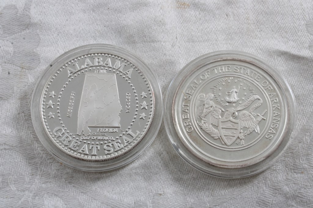 2 Confederate States Deo Vendici Silver Tokens: 2 Confederate States Deo Vendici Silver Tokens - Alabama & Arkansas. As pictured. Please ask questions and read terms & conditions before bidding.