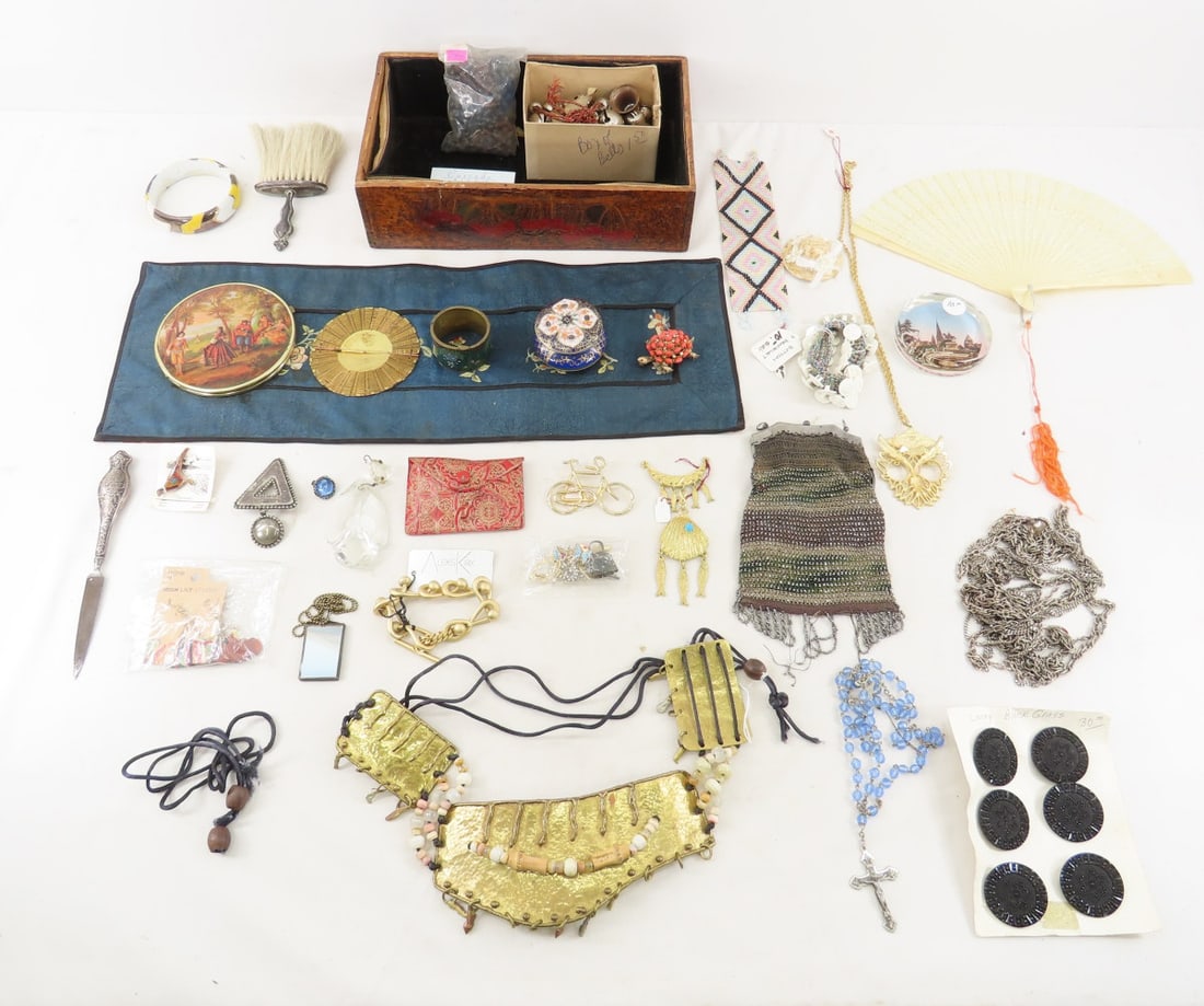 Jewelry, Ink Well, Lacey Glass Buttons & More: Jewelry, Ink Well, Lacey Glass Buttons & More -Costume Jewelry, Necklaces, Bracelet, 1800's Purse (damaged), Mirror, Paperweight & More Please ask questions and read terms & conditions before bidding.