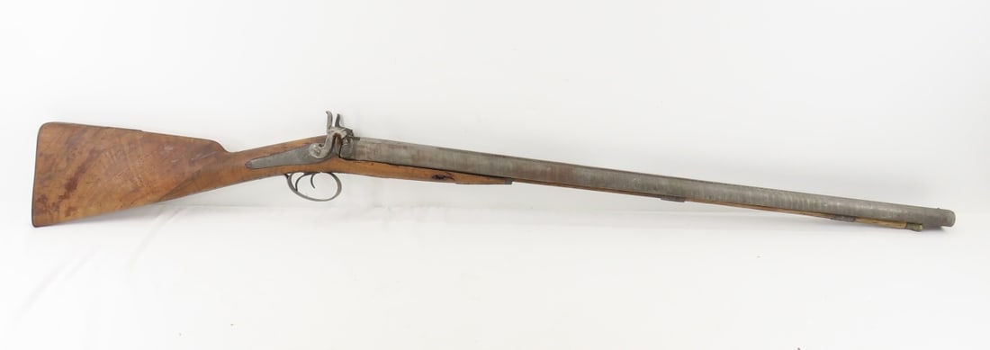James Gibbs, RedCliff St Bristol Percussion Rifle: James Gibbs, RedCliff St Bristol Percussion Rifle - wall hanger - poor condition throughout. 30" double barrel side by side signed on rib "James George Gibbs Redcliff St. Bristol", percussion cap, ram