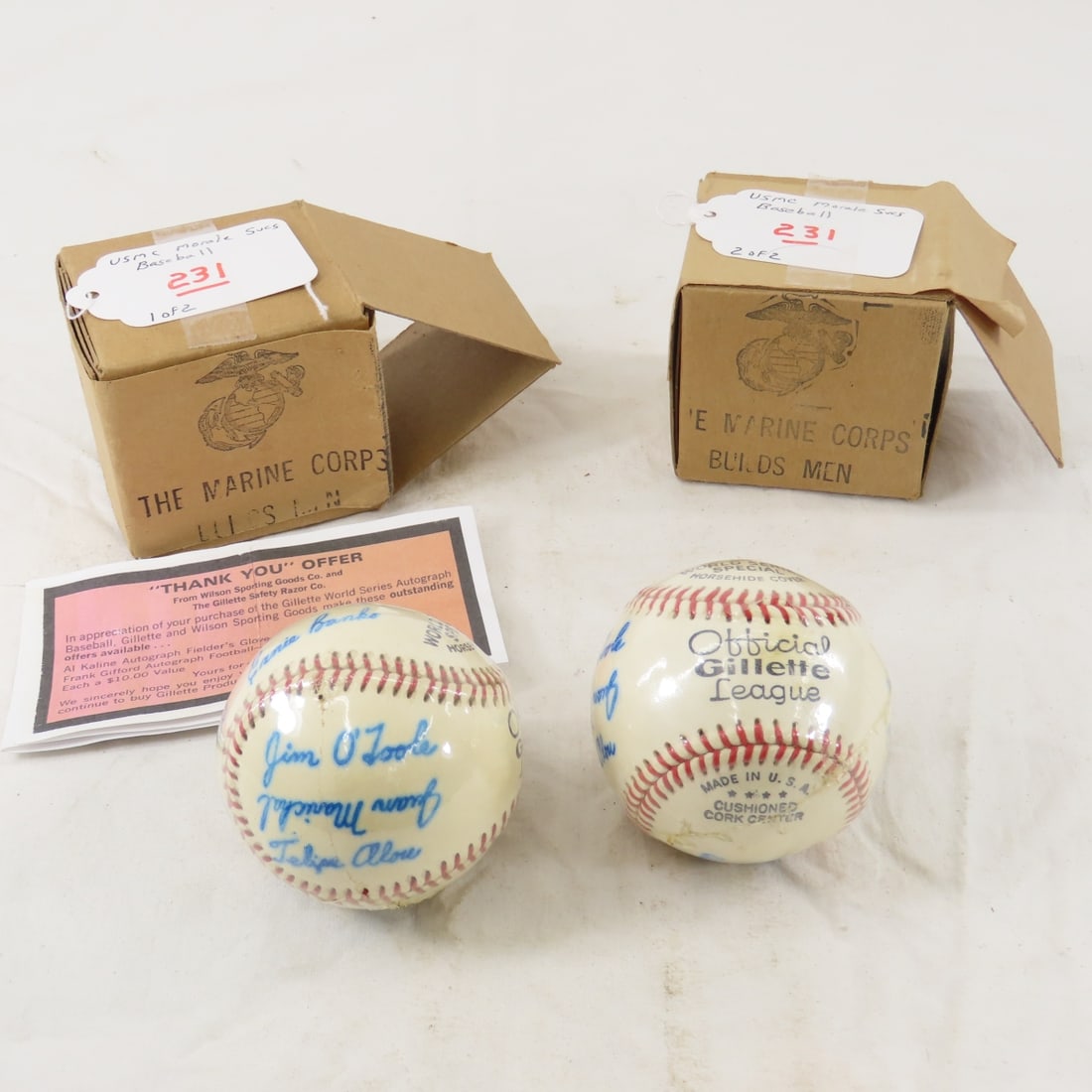 2 USMC Morale Services Baseballs: 2 USMC Morale Services Baseballs - Boxes marked, "THE MARINE CORPS BUILDS MEN". Coupon offer expires March 1, 1966. Not original autographs Please ask questions and read terms & conditions before bidd