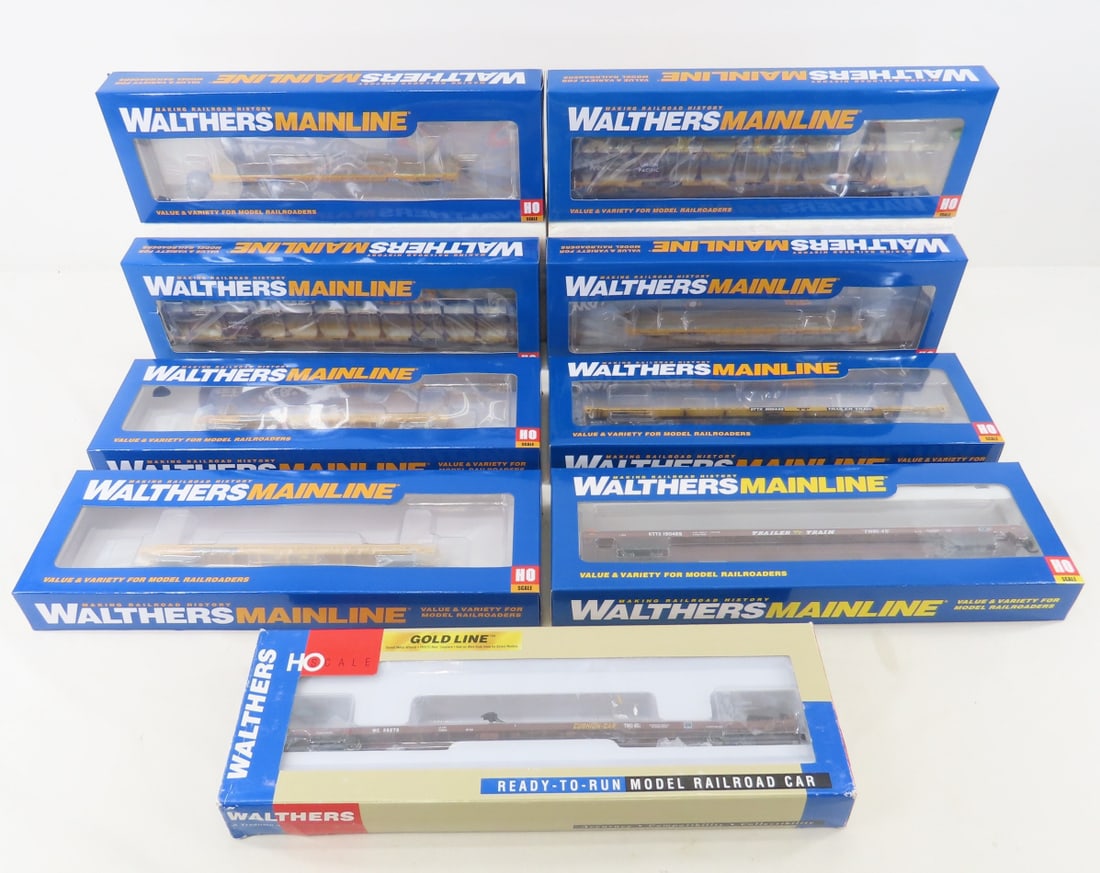 9 Walthers Mainline HO Train Cars NIP: 9 Walthers Mainline HO Train Cars NIP - 910-5366 Flatcar, 910-5364 Pullman Flatcar, 910-8025 Bi-Level Auto Rack, 910-5365 Flatcar, 910-5460 G85 Flatcar, 910-8026 Bi-Level Auto Rack, 910-5371 Flatcar, 