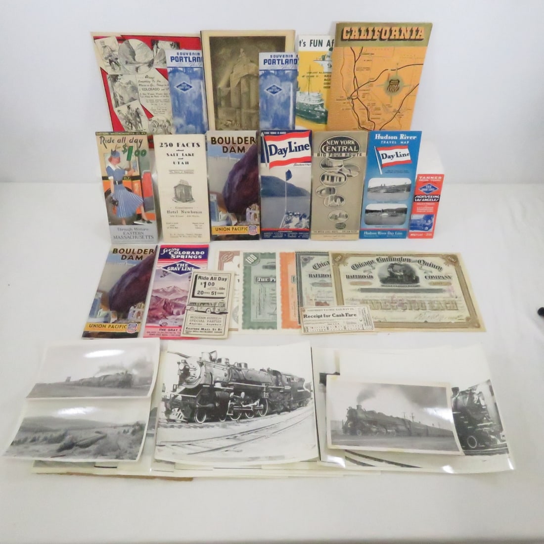 Railroad Ephemera, Stock Certificates, Photographs: Railroad Ephemera, Stock Certificates, Photographs - Stock Certificates From Chicago, Burlington & Quincy 1886 & 1900, 2 Stock Certificates From The Pennsylvania Railroad Company 1950. New York Centra