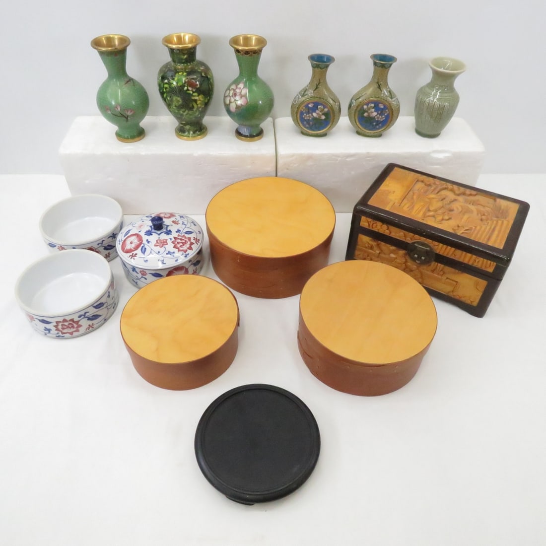 Cloissone Vases, carved wood box & more: Cloissone Vases, carved wood box & more - Please ask questions and read terms & conditions before bidding.