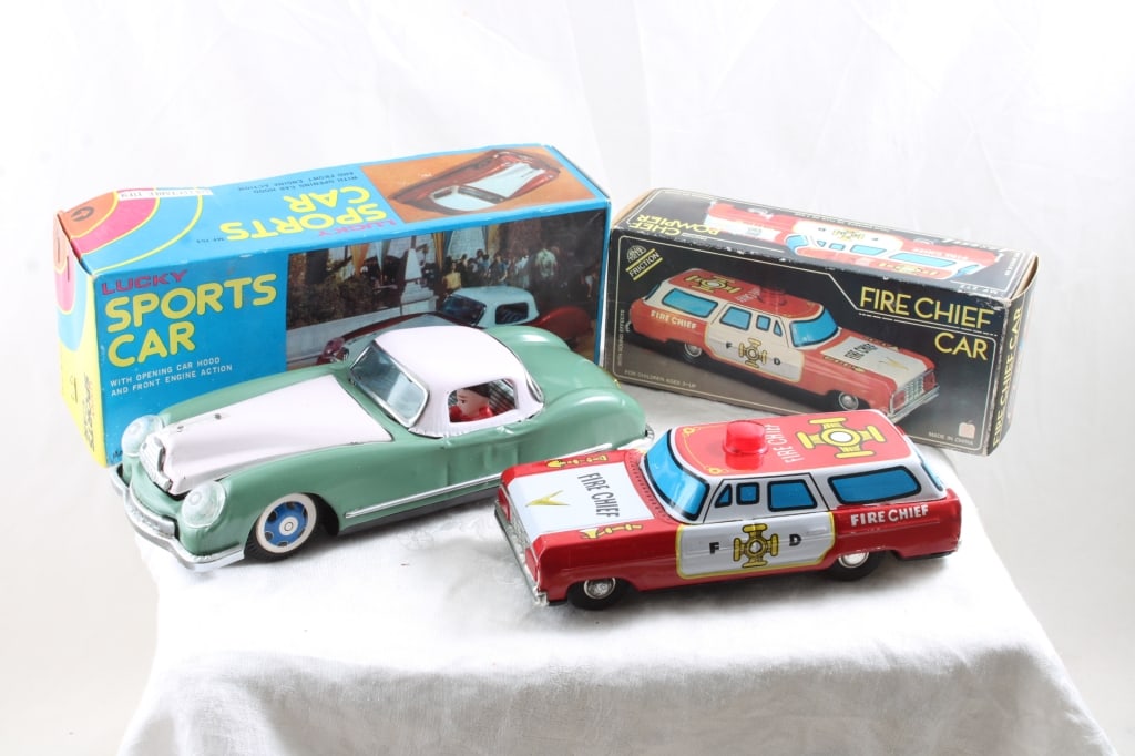 Tin Friction Fire Chief Car, Lucky Car Working: Tin Friction Fire Chief Car, Lucky Car Working - Both in original boxes. As pictured. Please ask questions and read terms & conditions before bidding.