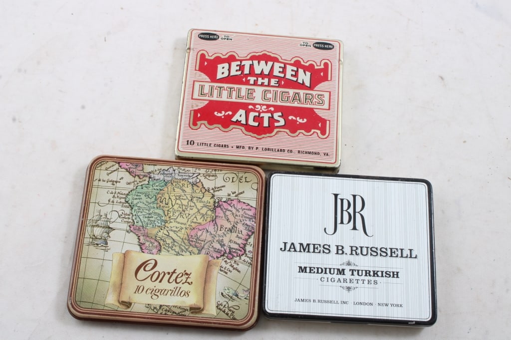 3 Cigar/Cigarettes/Cigarillos Advertising Tins: 3 Cigar/Cigarettes/Cigarillos Advertising Tins - Cortez Cigarillos, JBR Turkish Cigarettes, Between The Acts Little Cigars. All as pictured. Please ask questions and read terms & conditions before bid