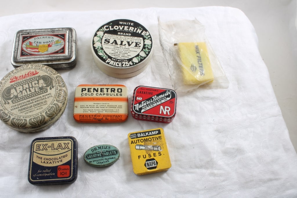 Antique Advertising Tins & Tape Measure: Antique Advertising Tins & Tape Measure - Salve, Cold Capsules, Fuses, Tar Soap, Laxatives, all as pictured. Please ask questions and read terms & conditions before bidding.