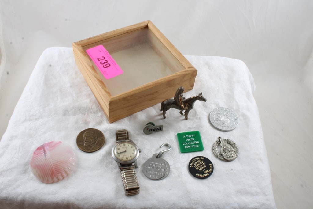 1931 IH McCormick Medal, End of Trail Figure: 1931 IH McCormick Medal, End of Trail Figure - Gruen Watch (not working), Northwest Airlines Pin & more as pictured. Please ask questions and read terms & conditions before bidding.