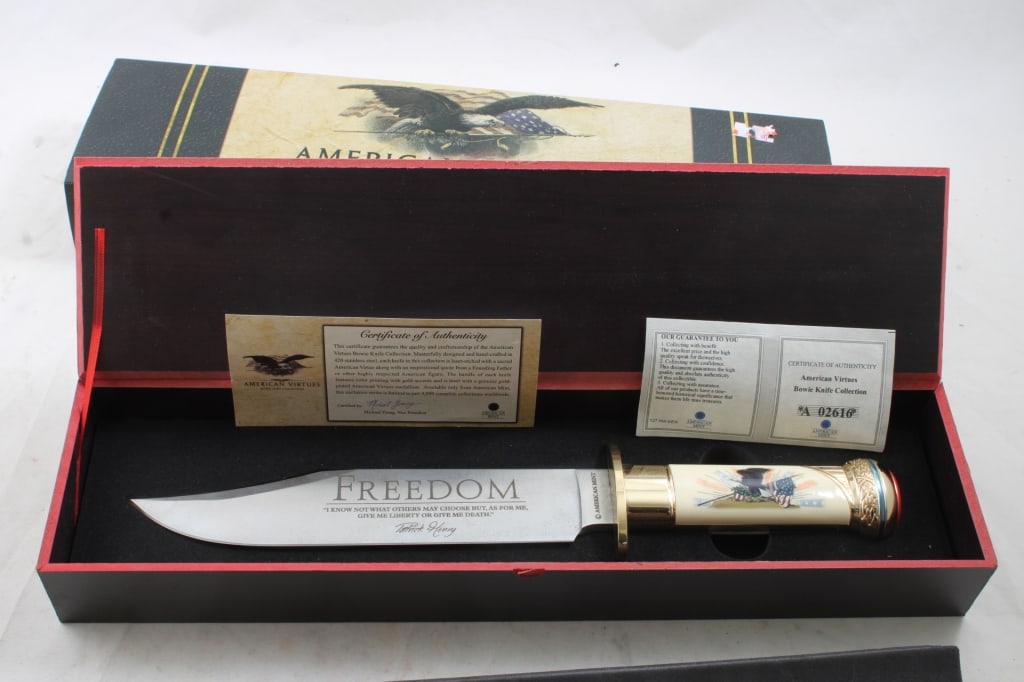 American Virtue Unused Bowie Knife in Box: American Virtue Unused Bowie Knife in Box - As pictured. Please ask questions and read terms & conditions before bidding.
