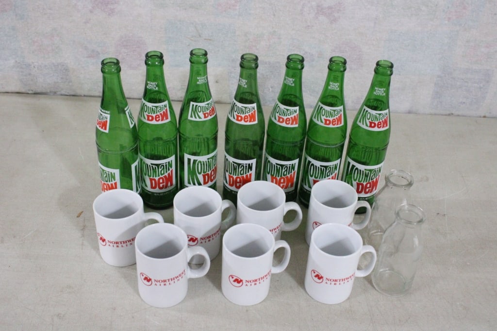7 Mountain Dew Bottles & 7 Northwest Airlines Mugs (1 of 9)