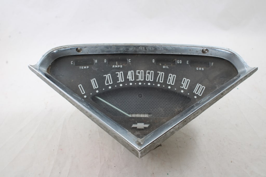 Mid to Late 1950s Chevrolet Dash Cluster: Mid to Late 1950s Chevrolet Dash Cluster - As pictured. Please ask questions and read terms & conditions before bidding.
