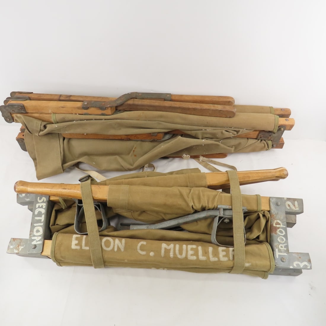 2 WWII US Army Wood Frame Cots, Name ID (1 of 6)