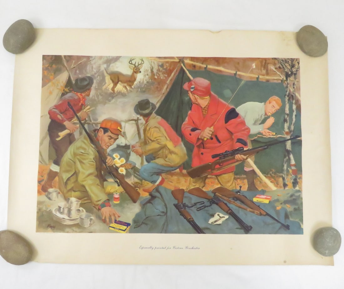 1954 Winchester- Western Hunting Litho by Dryer: 1954 Winchester- Western Hunting Litho by Dryer-28x20" by Olin Industries- rolled, some pin holes and tears on edges- would look great matted/framed Please ask questions and read terms & conditions be