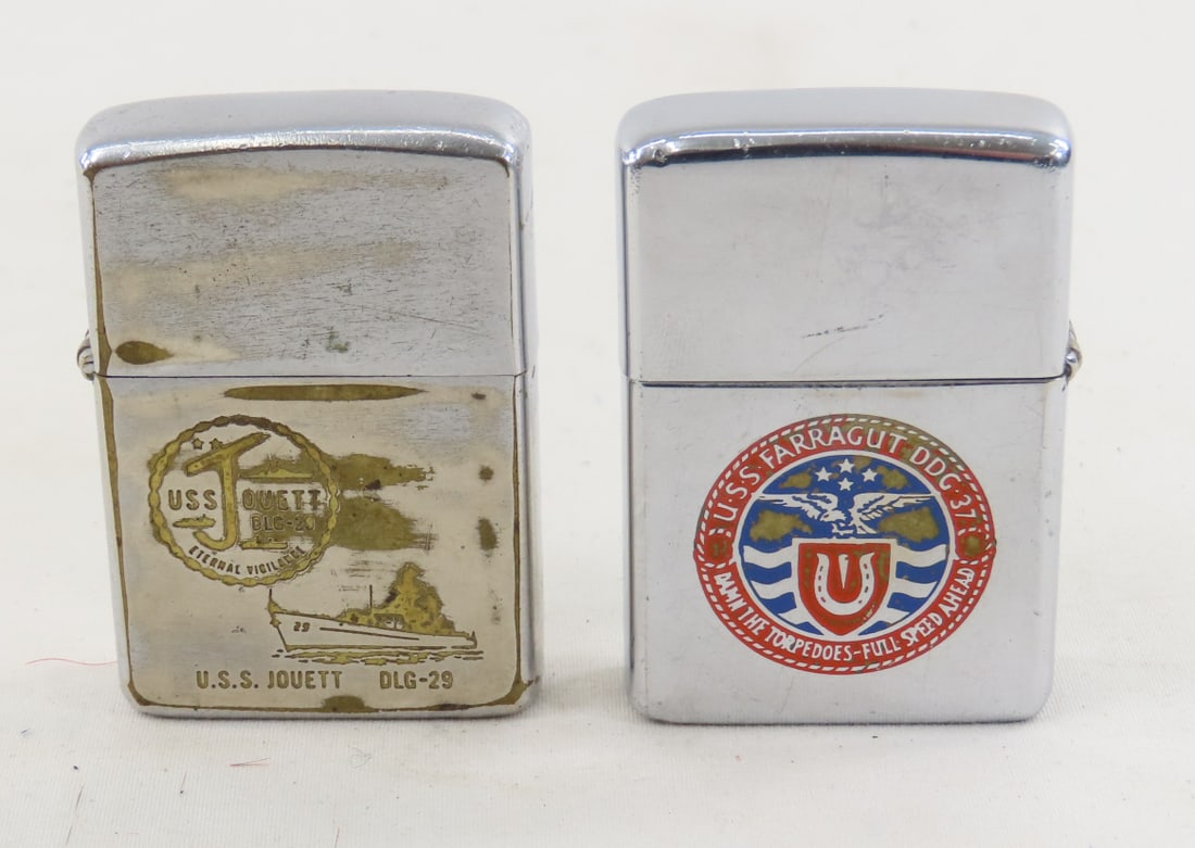 2 Vintage Zippo Lighters-USS Jouett & USS Farragut: 2 Vintage Zippo Lighters-USS Jouett & USS Farragut- Please ask questions and read terms & conditions before bidding.