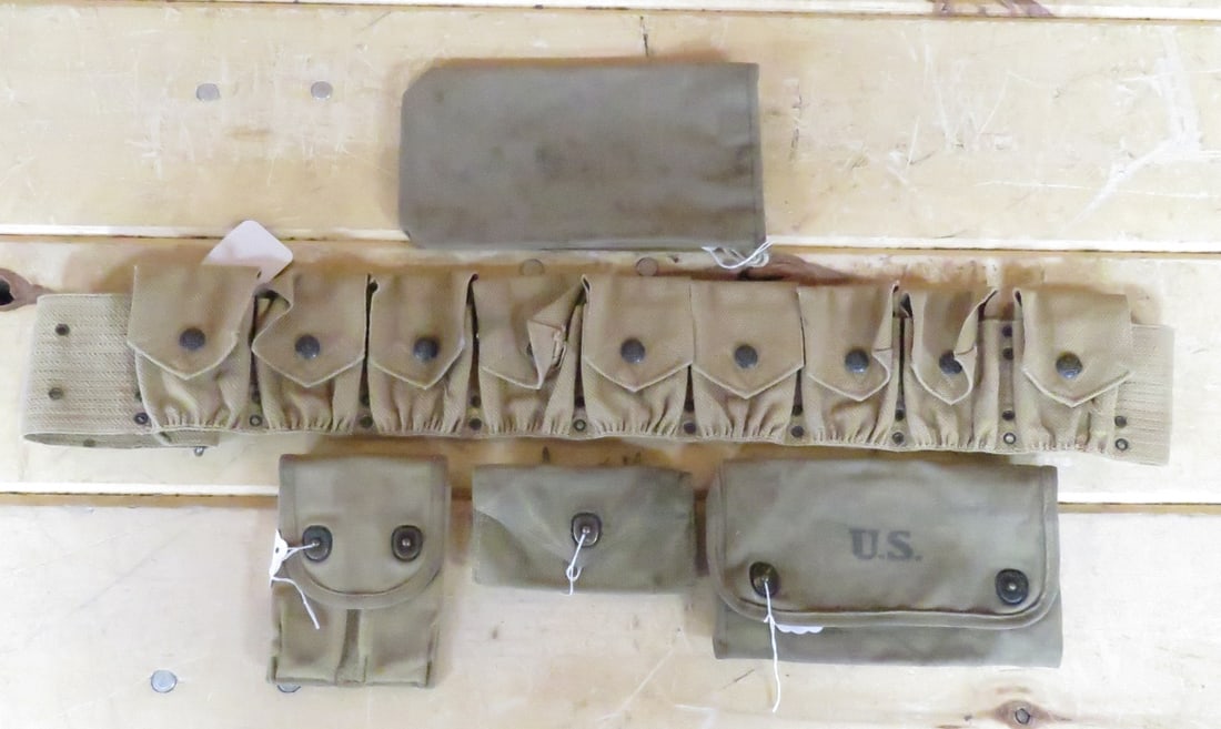 Cartridge Belt & 4 Pouches: Cartridge Belt & 4 Pouches-1) M1903 Rimless Eagle Snap 9 Pocket Cartridge Belt, Missing female buckle end. Belt ends marked "PAT. Jan 29, 1901, MCH 29, 1904, Mch 29, 1904" 2)Modified WW1 1918 dated sq