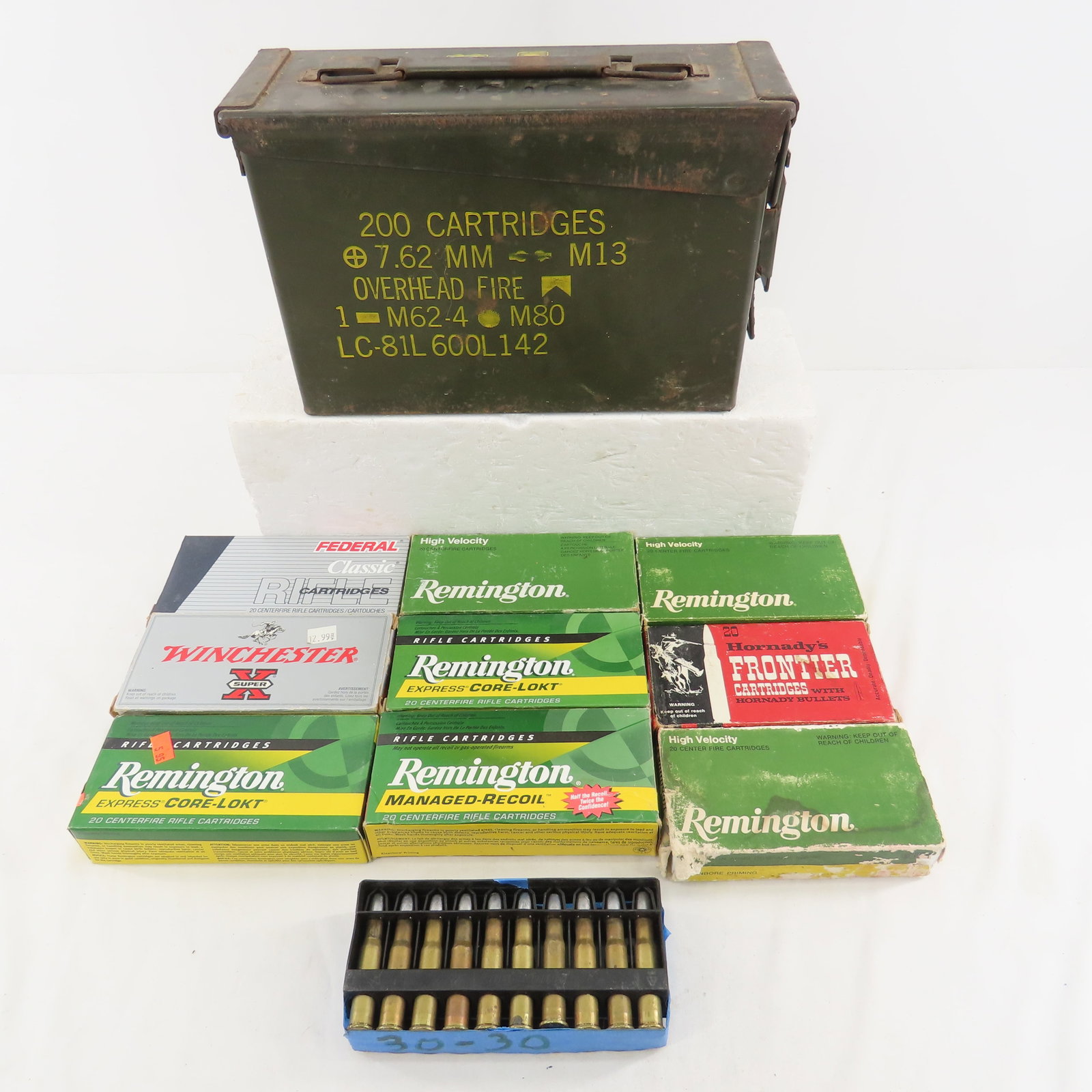 ADDED ROUNDS - 240+ Rounds .30-30 Ammunition and Can: Remington: 10 rds 125gr SP, 52 rds + 1 shell 150 gr SP, 34 rds 170 gr SP. Hornady 4 rds 170gr FP. Winchester: 16 rds 170gr power point, 20 rds 125 gr HP 23 rds assorted. 92 assorted rds in plastic hol