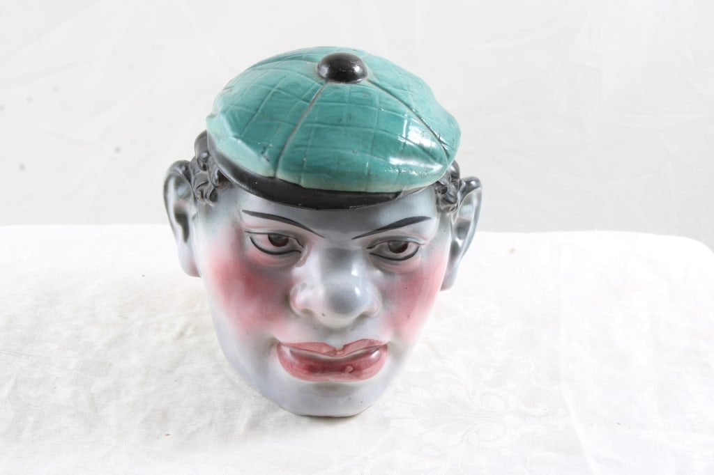 Smiling Boy Bisque Tobacco Jar Humidor: Smiling Boy Bisque Tobacco Jar Humidor - Measures 5 1/4" Tall as pictured. Please ask questions and read terms & conditions before bidding.