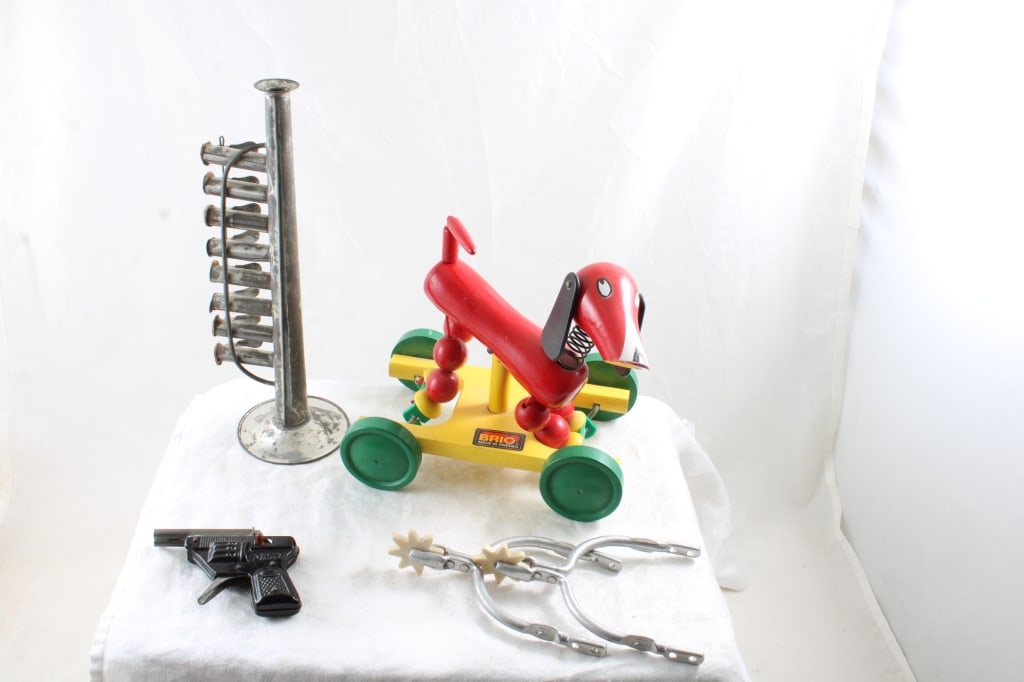 Brio Dog Pull Toy, Cap Gun, Spurs, Toy Horn: Brio Dog Pull Toy, Cap Gun, Spurs, Toy Horn - As pictured. Please ask questions and read terms & conditions before bidding.