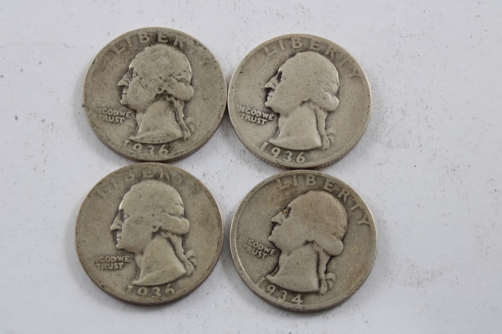 4 Washington Silver Quarters 1934 & 3 1936 (1 of 9)