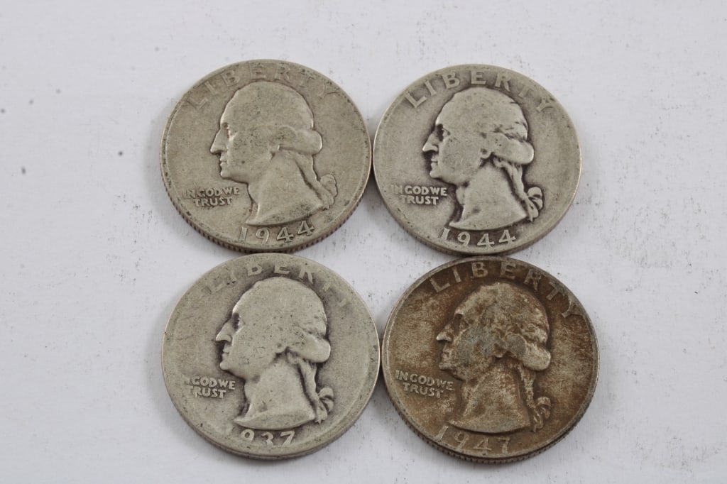 4 Washington Silver Quarters 1937,1947,1944D,1944 (1 of 9)