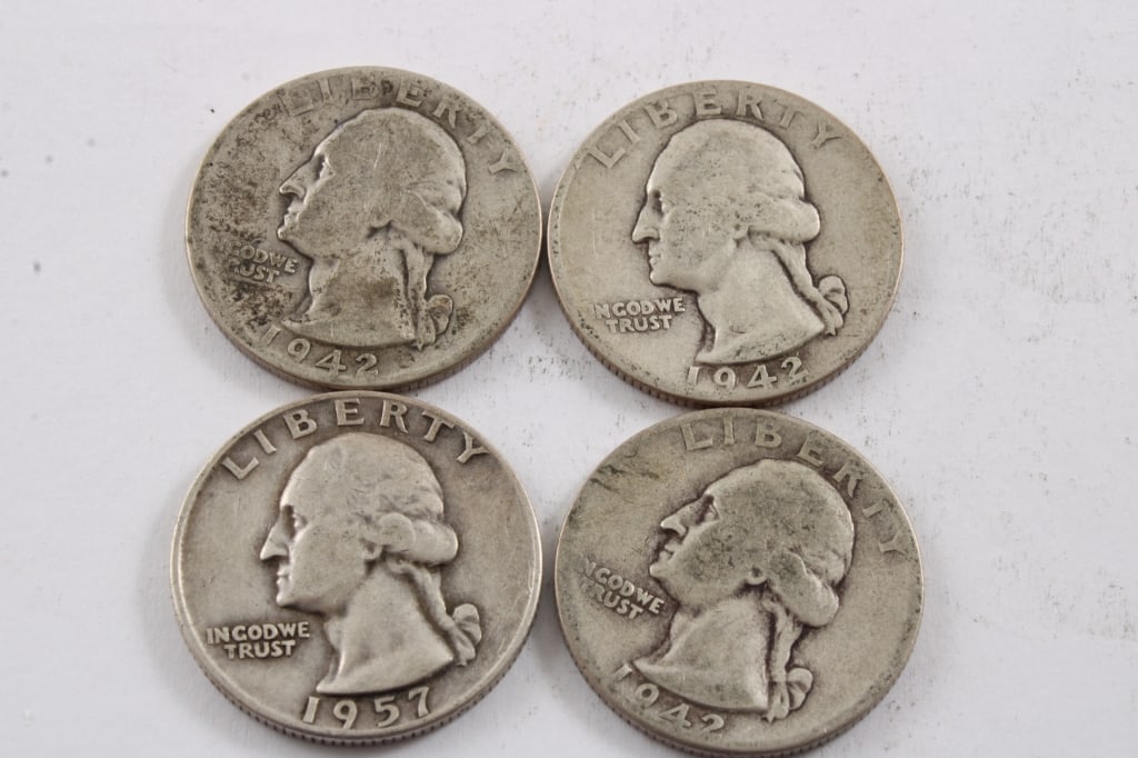 4 Washington Silver Quarters 1957D, & 1942x3 (1 of 9)