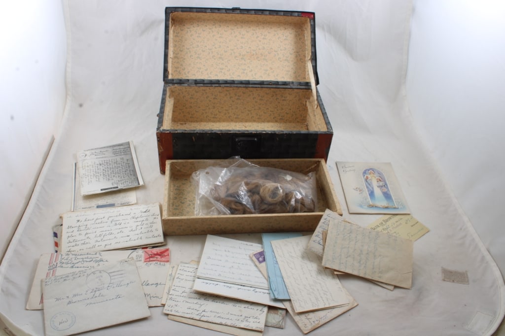 Wood Chest, 100% Human Hair, WW2 Soldier Letters: Wood Chest, 100% Human Hair, WW2 Soldier Letters - Doll Chest, 100% Human Hair, and 1940's Ephemera Letters. All as pictured. Please ask questions and read terms & conditions before bidding.