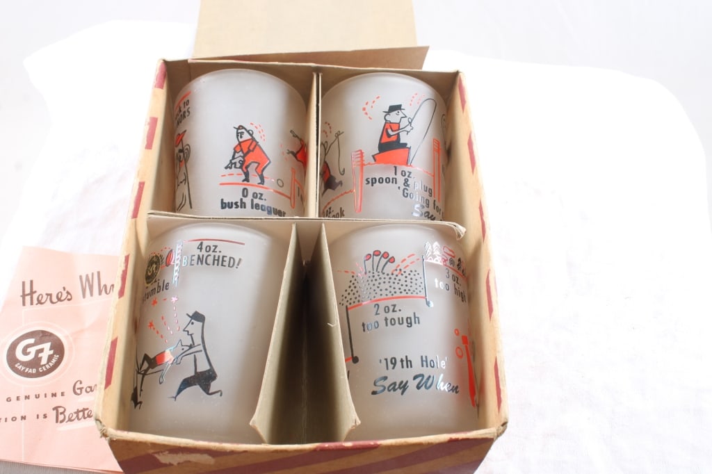 MCM Gayfad Frosted Comical Sports Shot Glasses: MCM Gayfad Frosted Comical Sports Shot Glasses - Mid-Century Modern New/Old Stock in Box and each measures 3" Tall as pictured. Please ask questions and read terms & conditions before bidding.