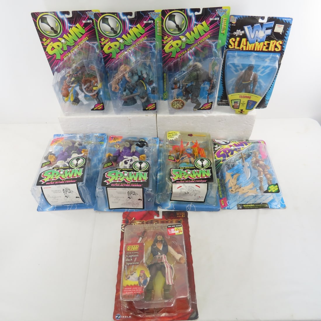 Spawn, WWF & Pirates of the Caribbean Figures: Spawn, WWF & Pirates of the Caribbean Figures - on cards- some are bent Please read terms & conditions and ask questions before bidding.
