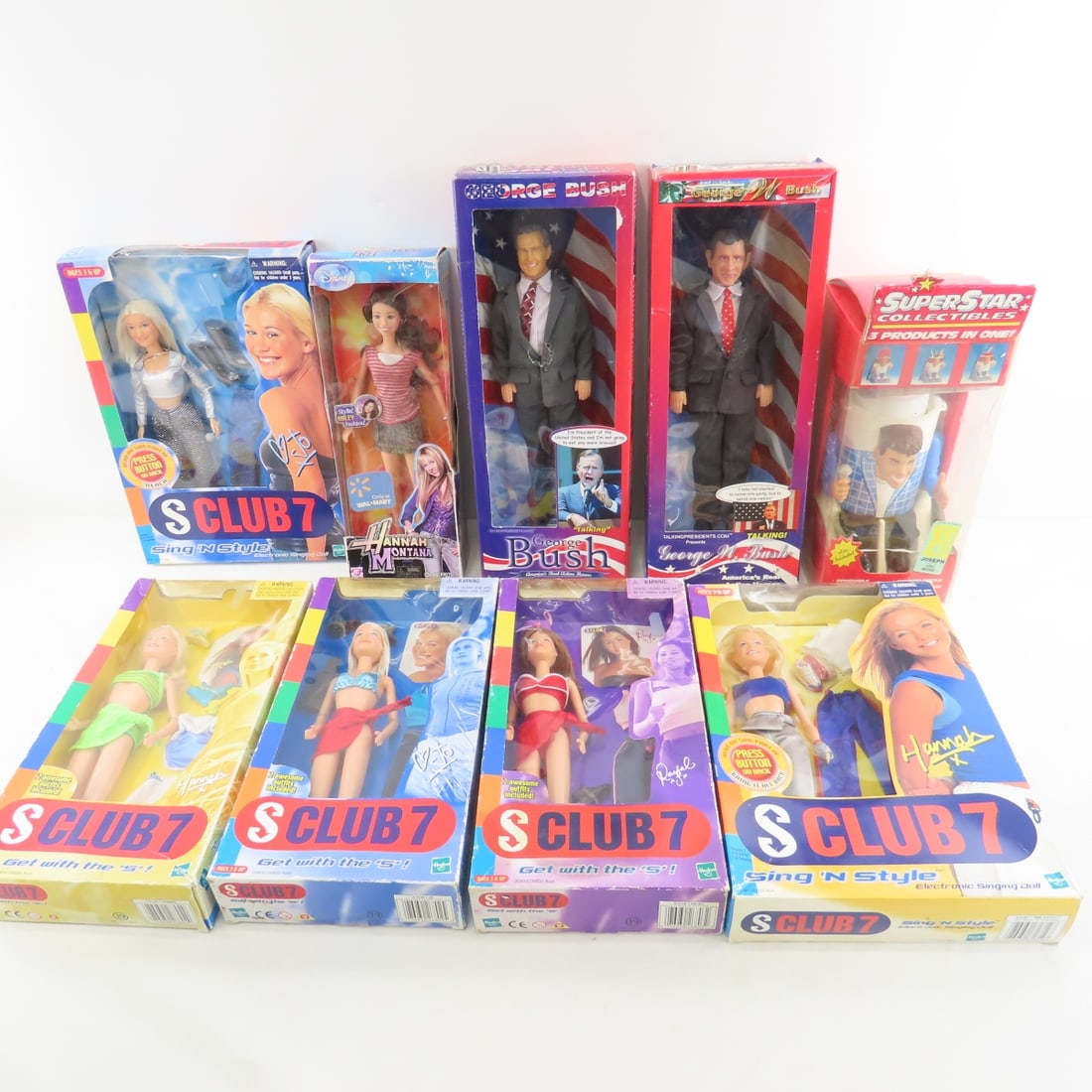 SClub7, Hannah Montana, George Bush & Other Dolls: SClub7, Hannah Montana, George Bush & Other Dolls - all in boxes, NKOTB Superstars Collectible Cup in package Please read terms & conditions and ask questions before bidding.