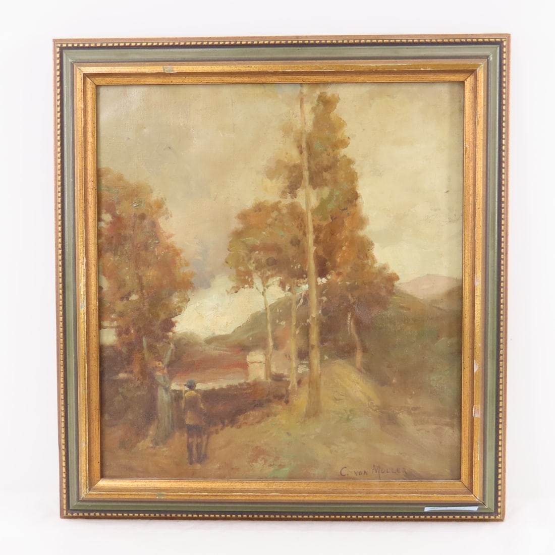 Antique landscape oil painting by C. Von Muller: Antique landscape oil painting by C. Von Muller - canvas on wood frame 14 x 13"- has label from Nevada Photo Service, Reno NV, decorative frame is 15 x 16.5" Please ask questions & read terms and cond