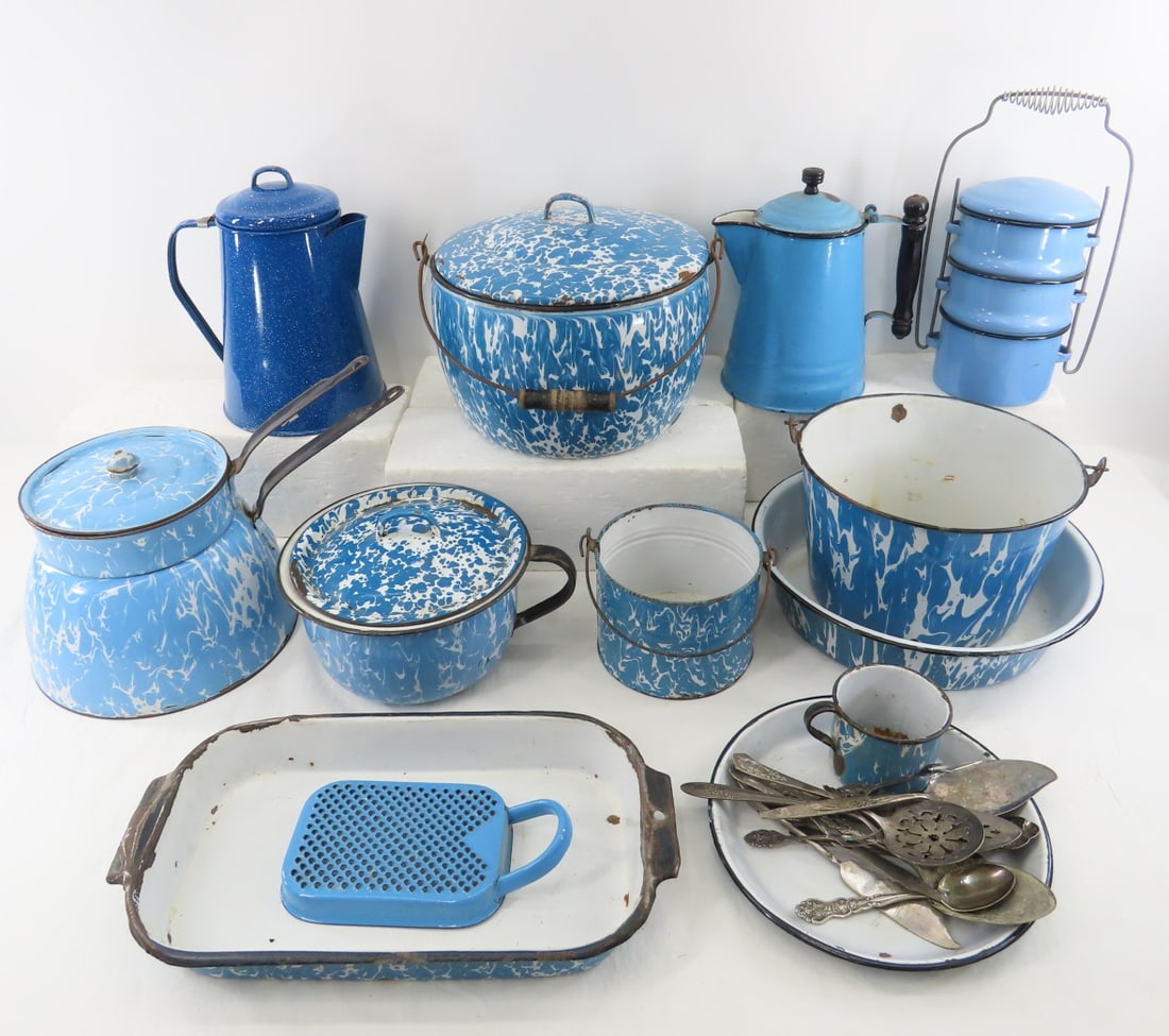 Collection of blue granite ware pots & more (1 of 20)