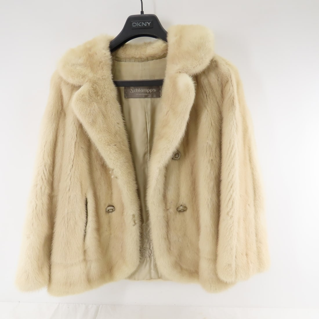 Vintage Schlampp's Minneapolis Mink Coat: Vintage Schlampp's Minneapolis Mink Coat - loop for top button is torn, no tears in fur or lining. No size tag- custom monogrammed VMM on lining. Measures 23" across back from armpit to armpit, 25" fr