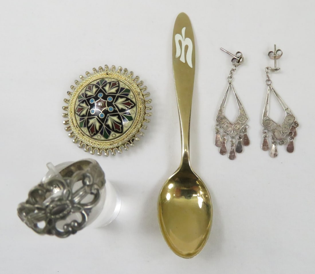 Scandinavian Brooch with TH Mathinsen Spoon & Ring: Scandinavian Brooch with TH Mathinsen Spoon & Ring - Enamel and 830 sterling brooch - possibly by Marius Hammer, Sterling vermeil spoon and EPNS ring Please ask questions & read terms and conditions b