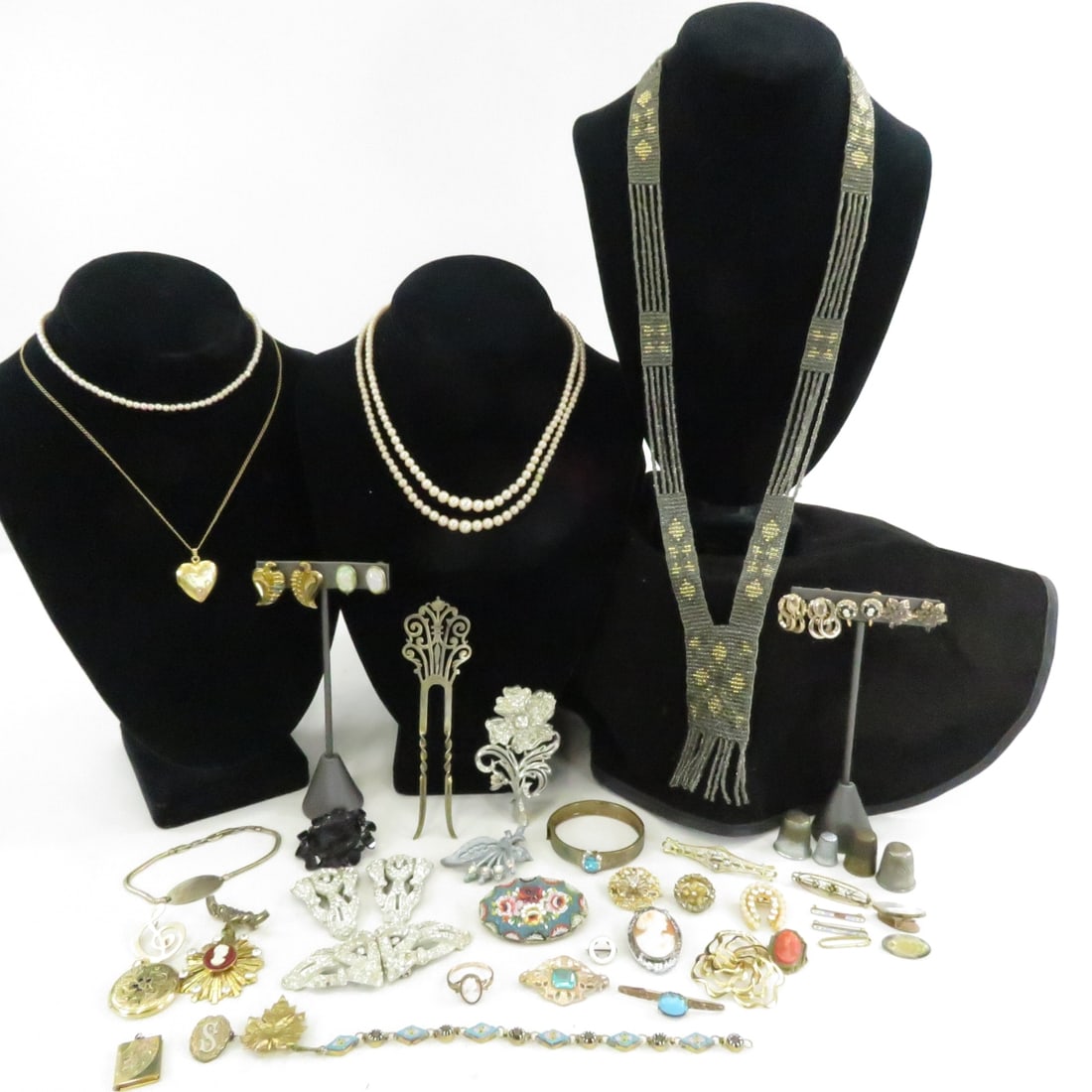 Antique Italian Mosaic, Cameos & Other Jewelry: Antique Italian Mosaic, Cameos & Other Jewelry - Fur clips, crystal earrings, thimbles Please ask questions & read terms and conditions before bidding.