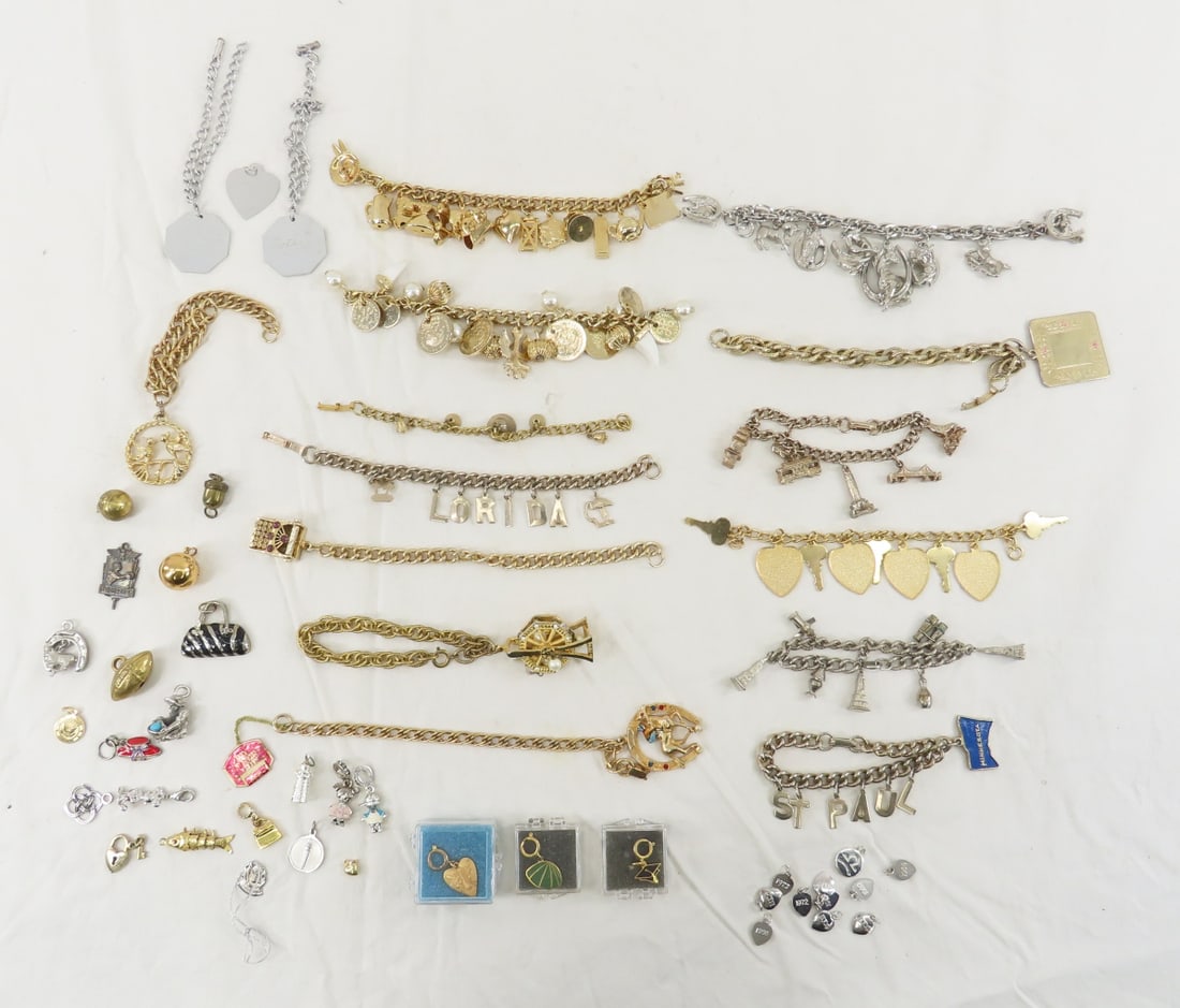 14 Vintage Charm Bracelets & Charms: 14 Vintage Charm Bracelets & Charms - some need clasps or jump ring, some sterling, loose charms Please ask questions & read terms and conditions before bidding.