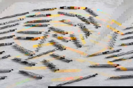 38 Advertising Bullet Pencils -Minneapolis Moline: 38 Advertising Bullet Pencils -Minneapolis Moline - Bily Clocks, Alaska Totem, Pfister, Allis Chalmers, Incline Railway, Plymouth Rock, Standard Oil, Bathing Beauty and More. All as pictured