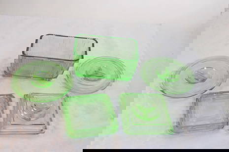 Lot of Vaseline Uranium Glass Lids (5): Lot of Vaseline Uranium Glass Lids (5) - (1) Butter Lid 6" x 3 1/2", (2) Round Lids 5 1/4" Diameter Lids, (1) 4" x 4" Square Lid,(1) 4 1/2" x 4 1/2" Square Lid. ALL GLOW UNDER BLACK LIGHT.
