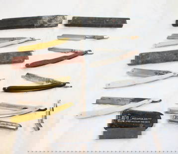 7 Straight Razors, Carborundum Sharpening Stone: 7 Straight Razors, Carborundum Sharpening Stone - Jungs #80, Spennett Shaper, The Hibbard, John Rieder The Baldy, Kayser Ellison (broken handle), A Tredway & Sons and 1 with no name on it. All