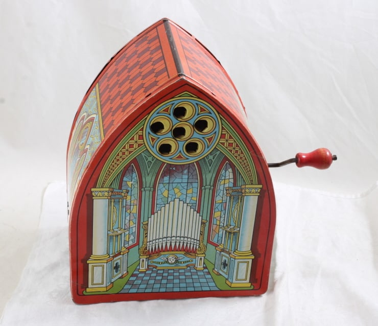 J Chein Cathedral Crank Musical Organ Player: J Chein Cathedral Crank Musical Organ Player - Working condition as pictured. Please ask questions and rerad terms & conditions before bidding.