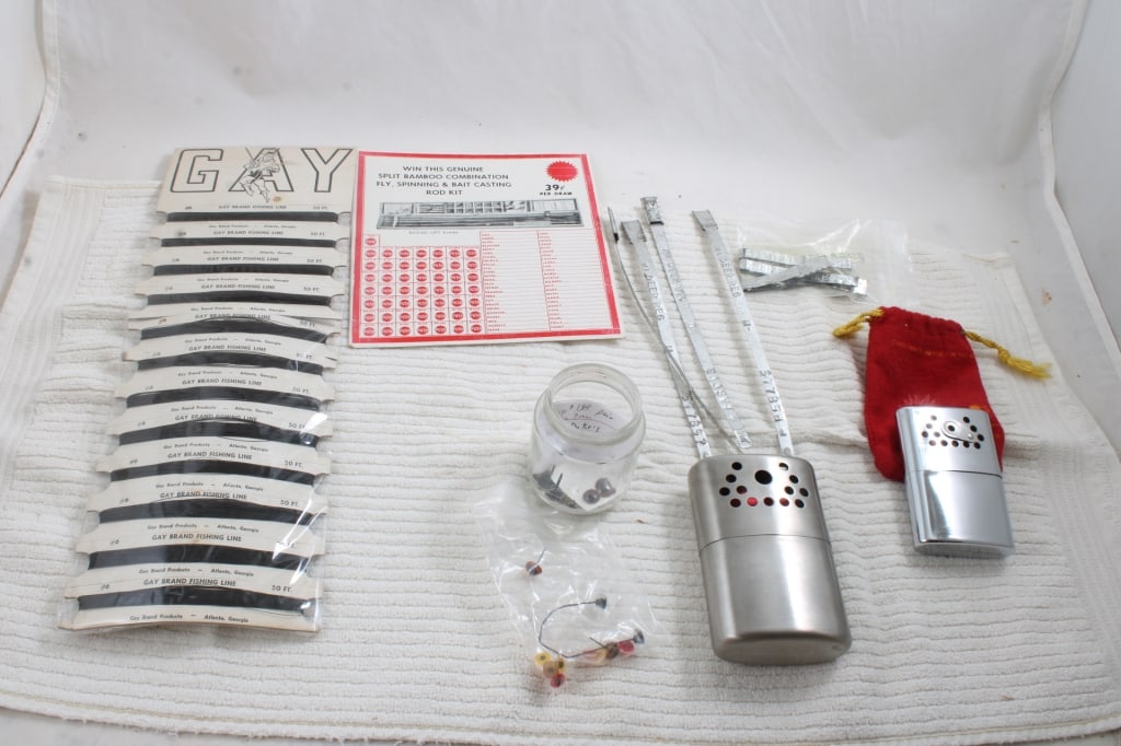 Vintage Sporting Hunting, Fishing, Handwarmers: Vintage Sporting Hunting, Fishing, Handwarmers - Gay Brand Fishing Line NIP, One handwarmer is G.I., Gambling Punch Board to win a Bamboo Como Fly, Spinning & Bait Casting Rod Kit, Taxidermy parts, De