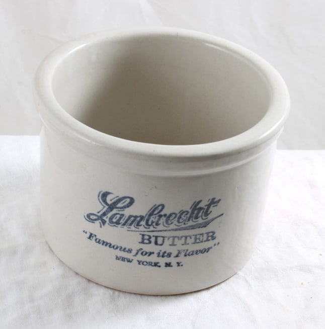 Lambrecht Butter NY Advertising Crock 4" T. 5" D: Lambrecht Butter NY Advertising Crock 4" T. 5" D - As pictured. Please ask questions and rerad terms & conditions before bidding.