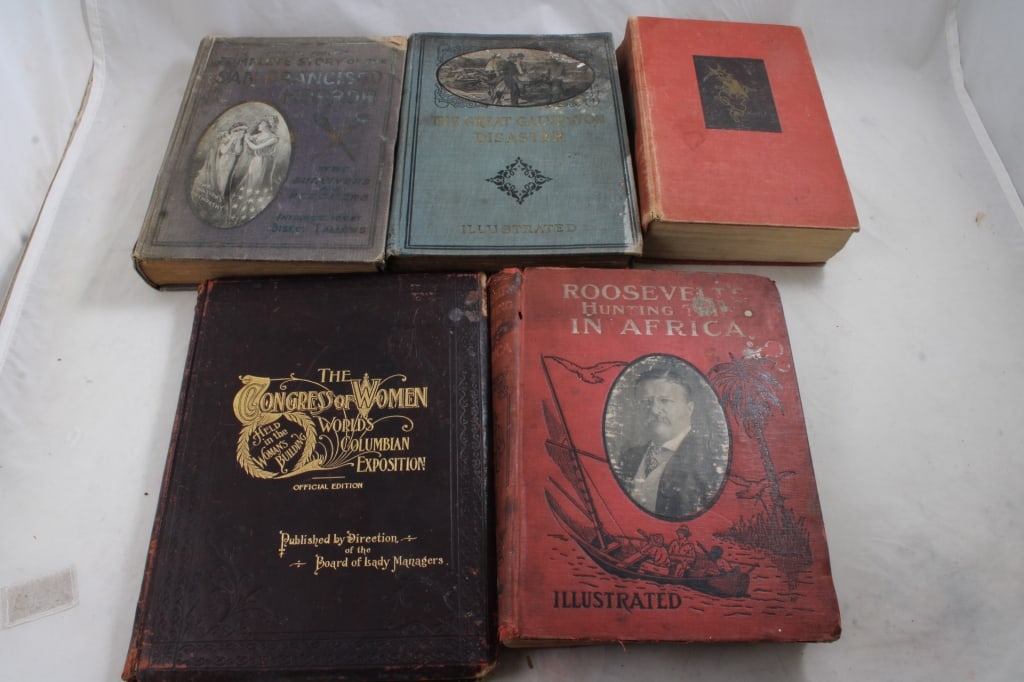 5 Antique Hardcover Books Roosevelt in Africa 1909: 5 Antique Hardcover Books Roosevelt in Africa 1909 - 1894 The Congress of Women World's Columbian Exposition Official Edition, 1955 Complete Tales of Uncle Remus and more as pictured. Please ask quest