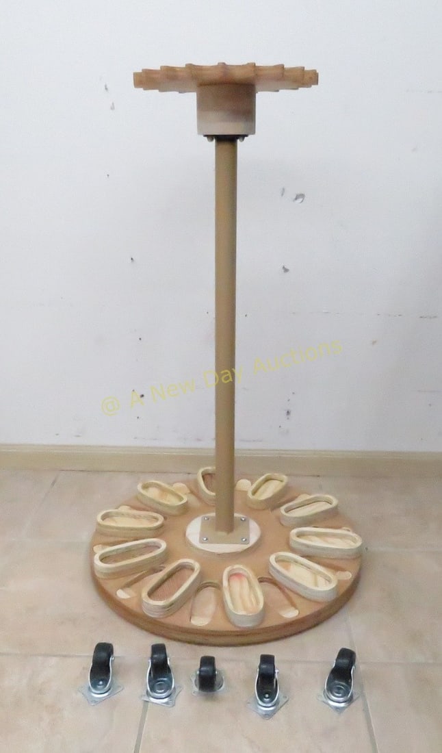 Homemade Wooden 20 Rifle Rack: Homemade Wooden 20 Rifle Rack - on spinner and comes with wheels and cover 36", tall, 22" across base. Made from 1994 Vern Grazer pattern Please ask questions & read terms conditions before bidding.