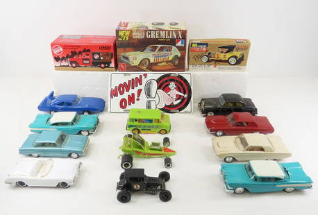11 Vintage Plastic & Metal Die Cast Cars & More: 11 Vintage Plastic & Metal Die Cast Cars & More-Some Metal, Some Plastic, Some of the Plastic Cars are Completed Model Kits - AMT Gremlin X Model Kit (possibly incomplete) - Die Cast Metal 1953 Willys