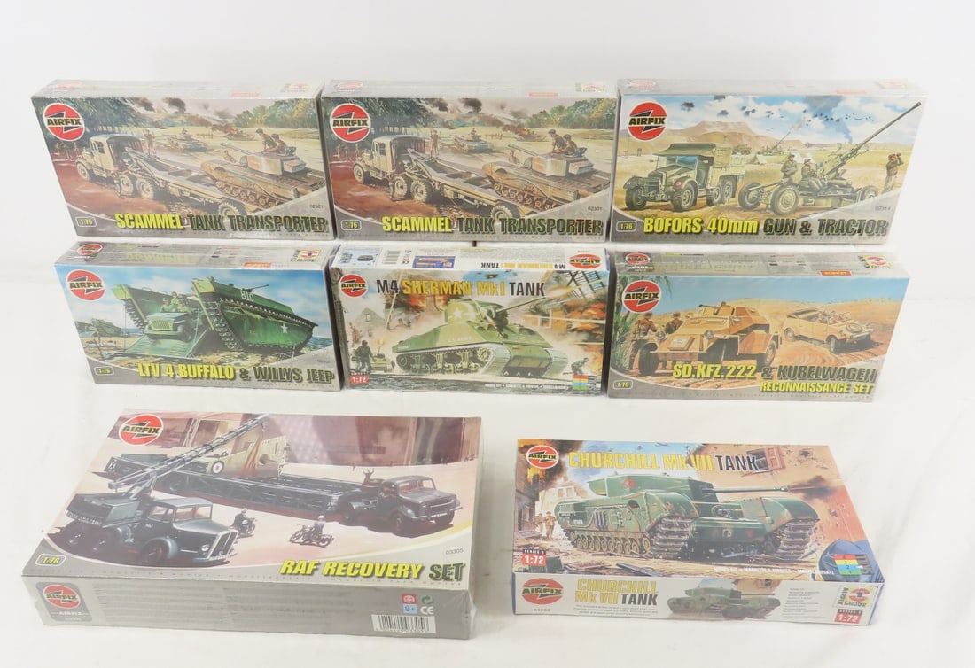 8 Military Tanks & Vehicles Model Kits, Sealed: 8 Military Tanks & Vehicles Model Kits, Sealed-Airfix - Scammel Tank Transporter (x2), M4 Sherman Tank, Bofors 40mm Gun & Tractor, SD.KFZ.222 Reconnaissance Set, Ltv 4 Buffalo & Willys Jeep, Churchill