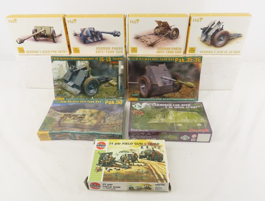 9 Military Anti Tank Gun Model Kits German & More: 9 Military Anti Tank Gun Model Kits German & More-IG-18, Pak.35/36, OB-3 Armoured Car, Pak 50 are all Sealed - Remaining 5 kits are Open Boxes (possible missing pieces)Please ask questions and read te