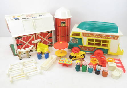 Fisher Price #915 Farm & #994 Camper & More: Fisher Price #915 Farm & #994 Camper & More-Farm Set: People Have Wood Bodies/Heads and Plastic Hair/Hats, Set is Mostly Complete - Additional Farm Pieces: There are 2 People, 1 has Wood Body/Head and