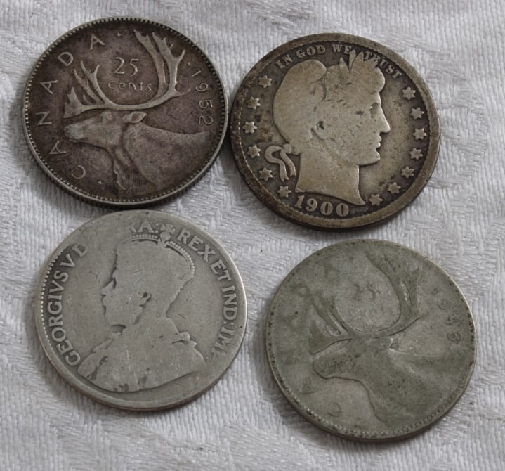 1 Silver Barber Quarter & 3 Canadian Quarters (1 of 9)