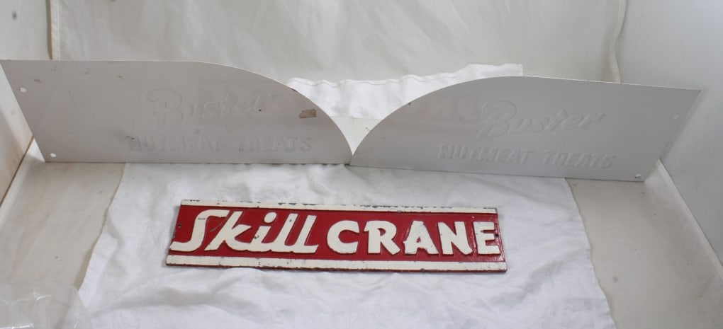 Carnival Skill Claw Game Sign, 2 Buster Signs: Carnival Skill Claw Game Sign, 2 Buster Signs - Carnival Skill Claw Game Sign measures 13 1/4" x 3" and Buster Nutmeat Treats (2) Metal Signs measure 14" x 6". All as pictured. Please ask questions an