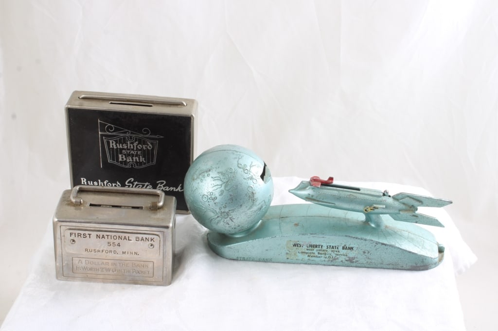 Strato Rocket Ship Bank & 2 Advertising Coin Banks (1 of 18)