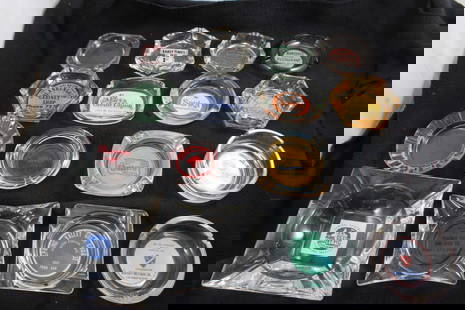 16 Vintage Glass Advertising Ashtrays: 16 Vintage Glass Advertising Ashtrays - Advertising includes: Sanka Coffee, Casinos, Motels, Feed & Seed Companies, Small Town Businesses, Early Times Whisky, Beer, as pictured. Please ask questions a